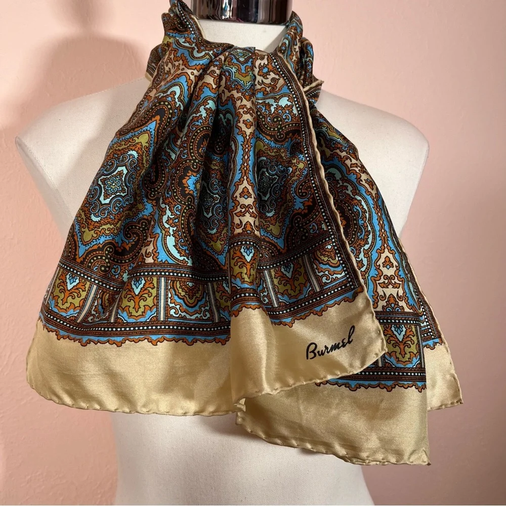 Vintage 1960 70 Burmel Mod Camel Brown blue Silk Made in Italy long Skinny Scarf
